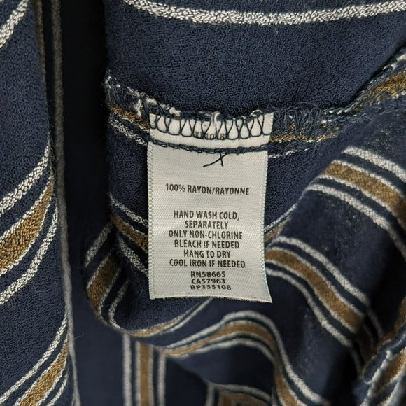 BP Nordstrom Button Front Blouse S Navy Mustard Striped Long Sleeve Patch Pocket - Picture 7 of 14